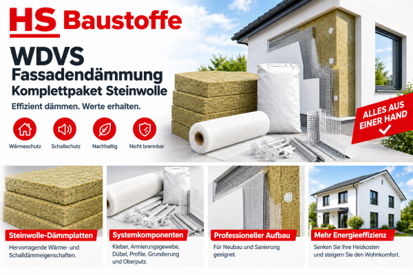 WDVS Fassadendämmung Komplettpaket 100 m² – Steinwolle 160 mm – mit Zubehör – Neu